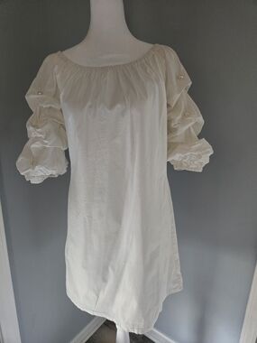 Off-Shoulder Cream Mini Dress with Pearl-Accent Puff Sleeves